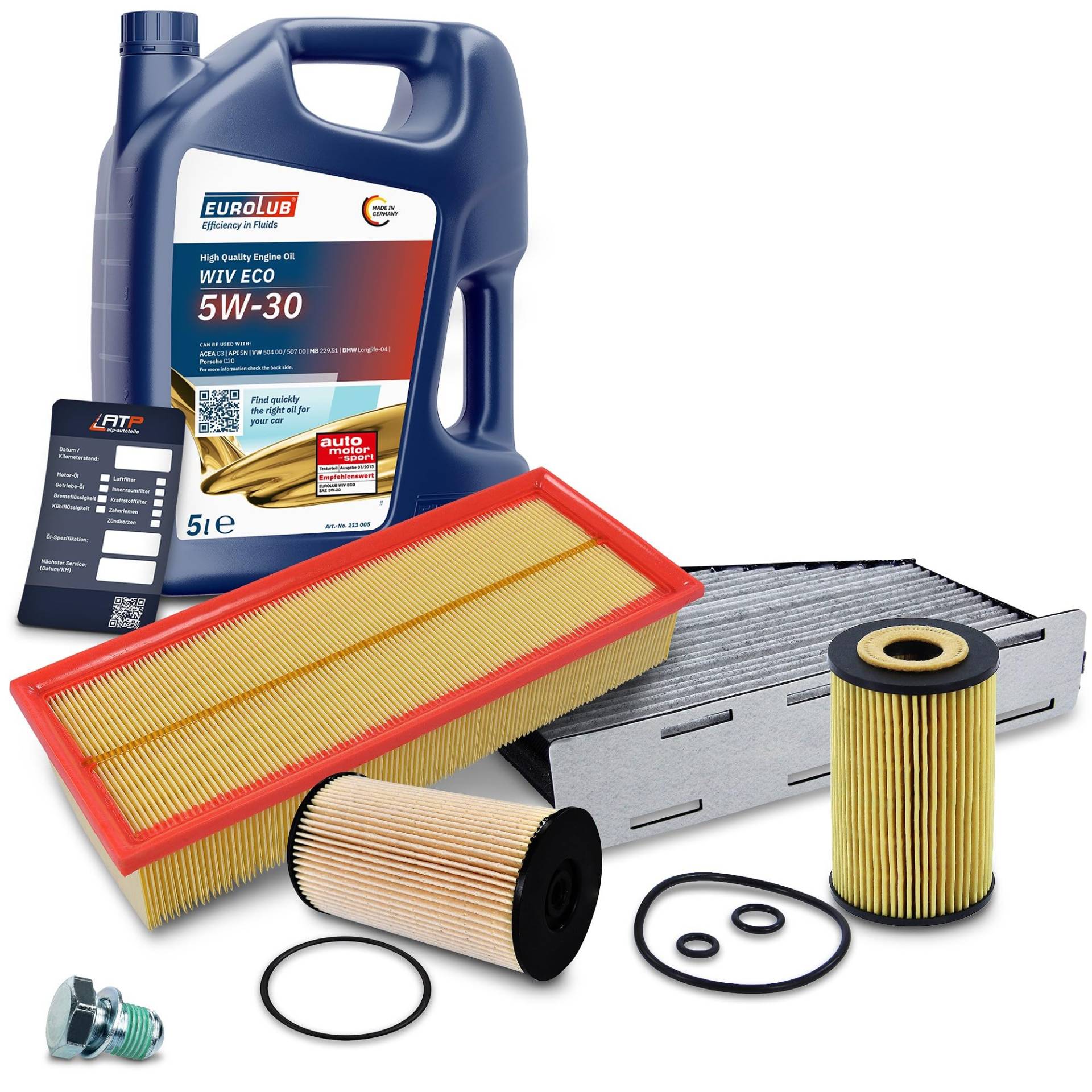 BESTPRICE Inspektionspaket Filterset mit 1x Motoröl 5W-30 5 l, 1x Ölfilter, 1x Kraftstofffilter, 1x Luftfilter, 1x Innenraumfilter (Aktivkohle), 1x Ölablassschraube mit Dichtung von Homry