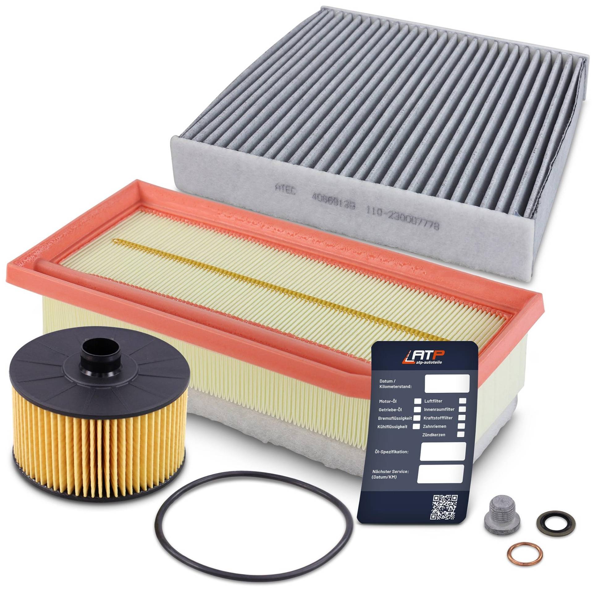 BESTPRICE Inspektionspaket Filterset mit 1x Ölfilter; 1x Innenraumfilter (Aktivkohle); 1x Luftfilter; 1x Ölablassschraube; 1x Ölwechselanhänger von BESTPRICE