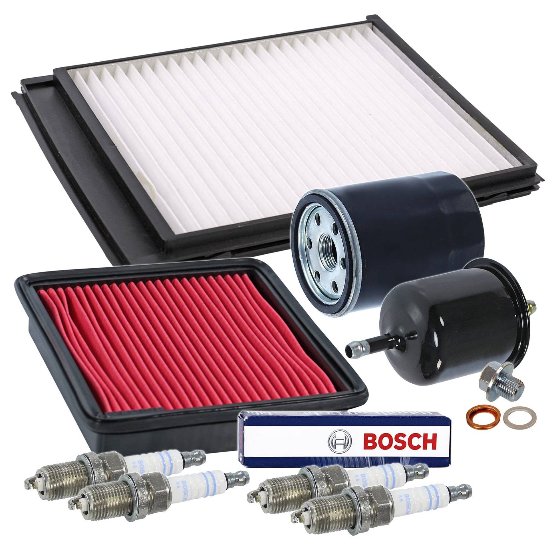 BESTPRICE Inspektionspaket Filterset mit 1x Ölfilter, 1x Luftfilter, 1x Innenraumfilter, 1x Kraftstofffilter, 4x Zündkerze, 1x Ölablassschraube inkl. Dichtung, Kompatibel mit NISSAN MICRA II (K11) von BESTPRICE