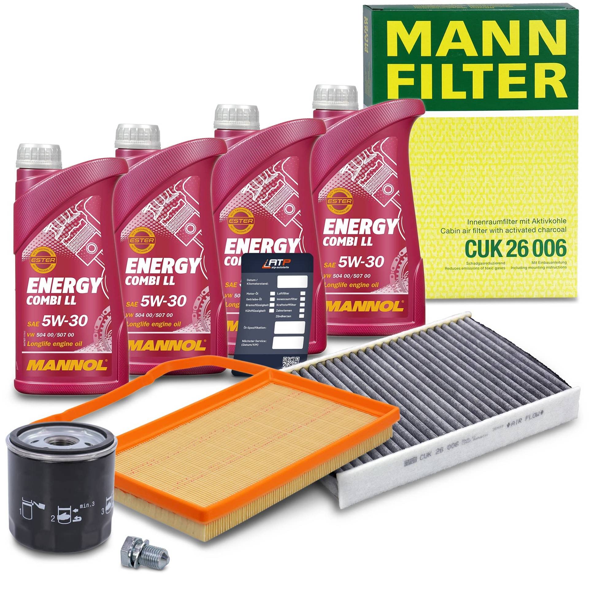 BESTPRICE Inspektionspaket Filterset mit 1x Ölfilter; 1x Luftfilter; 1x Innenraumfilter; 1x Ölwechselanhänger; 4x Motoröl 5W-30 MANNOL Energy Combi LL 1 l; 1x Ölablassschraube mit Dichtring BESTPRICE Inspektionspaket Filterset mit 1x Ölfilter; 1x Luftfilter; 1x Innenraumfilter; 1x Ölwechselanhänger; 4x Motoröl 5W-30 MANNOL Energy Combi LL 1 l; 1x Ölablassschraube mit Dichtring von BESTPRICE
