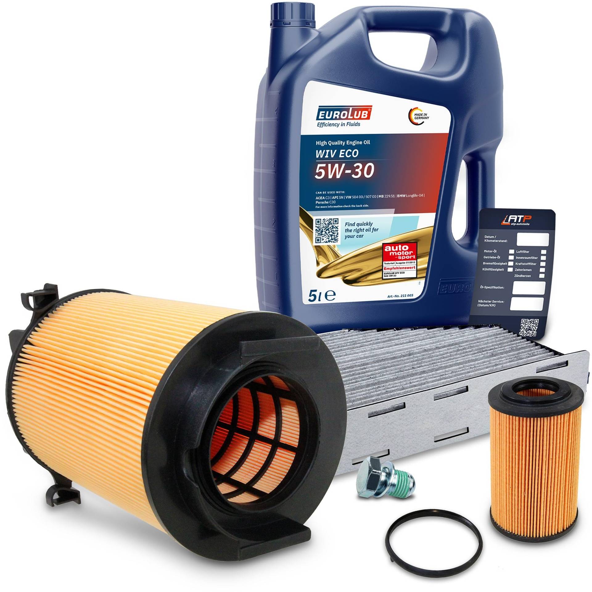 BESTPRICE Inspektionspaket Filterset mit 1x Ölfilter; 1x Luftfilter; 1x Innenraumfilter (Aktivkohle); 1x Ölablassschraube mit Dichtring; 1x Motoröl 5W-30 EUROLUB 5 l von BESTPRICE