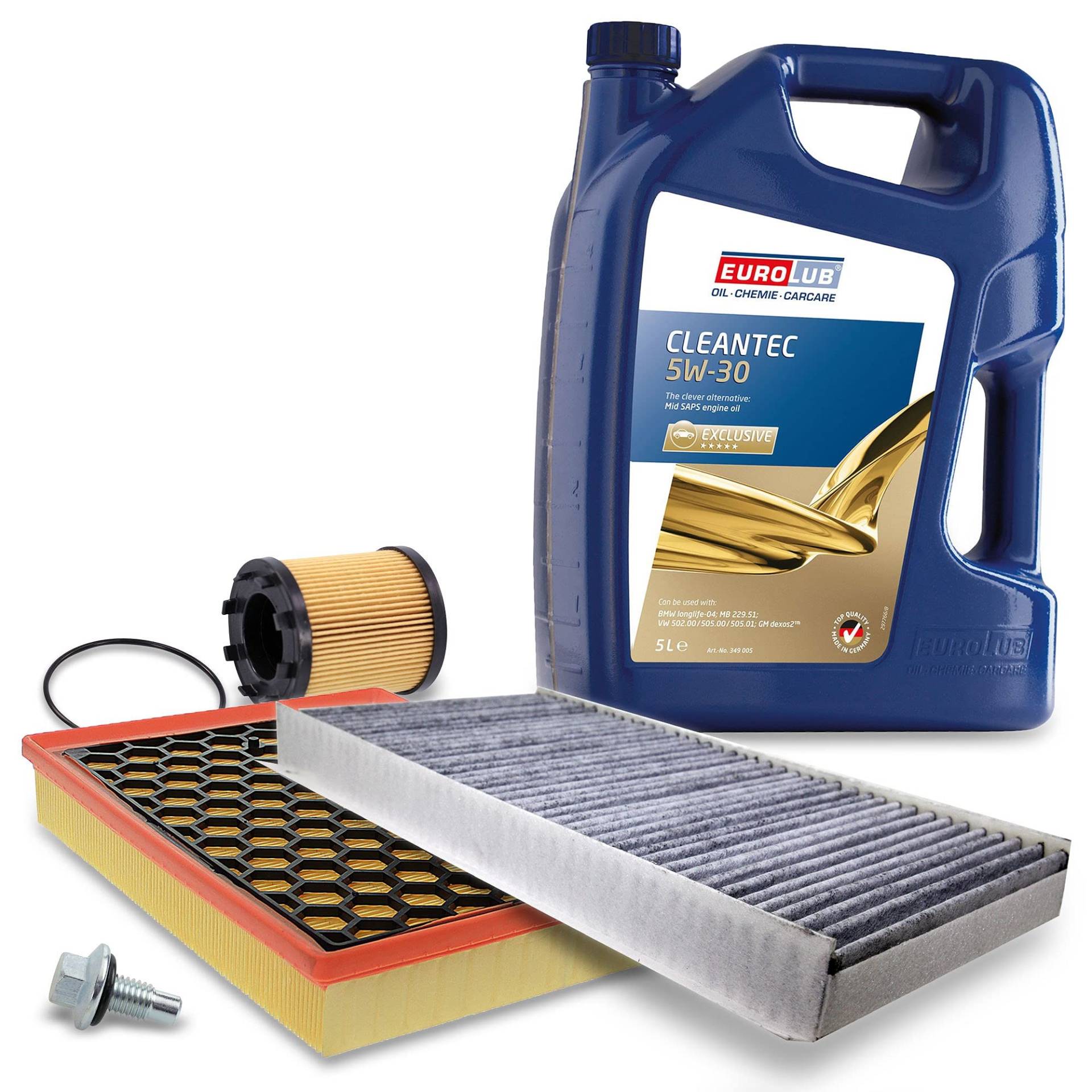 BESTPRICE Inspektionspaket Filterset mit 1x Ölfilter; 1x Luftfilter; 1x Innenraumfilter (Aktivkohle); 1x Ölablassschraube mit Dichtring; 1x Motoröl 5W-30 EUROLUB 5 l von BESTPRICE