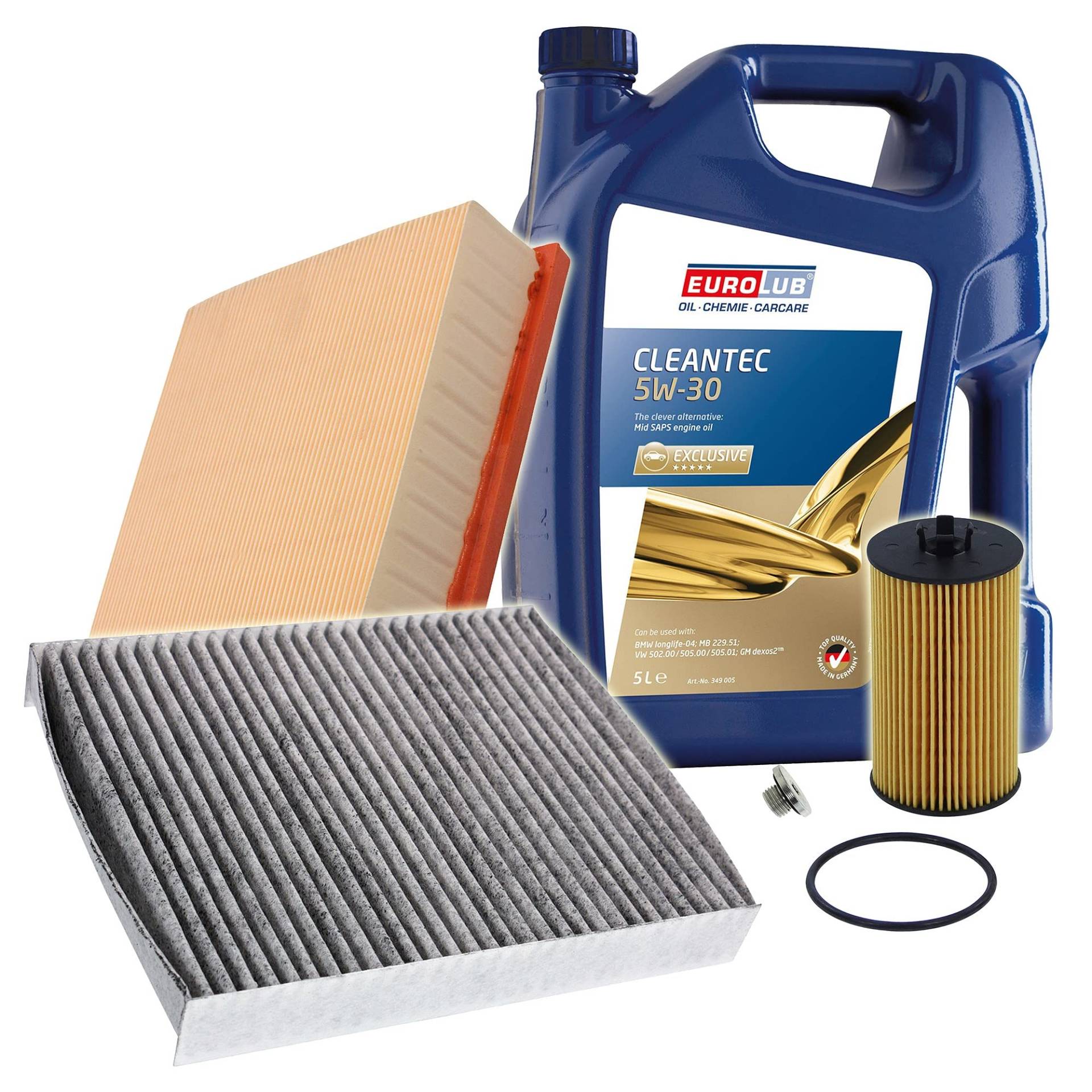 BESTPRICE Inspektionspaket Filterset mit 1x Ölfilter; 1x Luftfilter; 1x Innenraumfilter (Aktivkohle); 1x Ölablassschraube mit Dichtring; 1x Motoröl 5W-30 EUROLUB CLEANTEC SAE 5 l von BESTPRICE