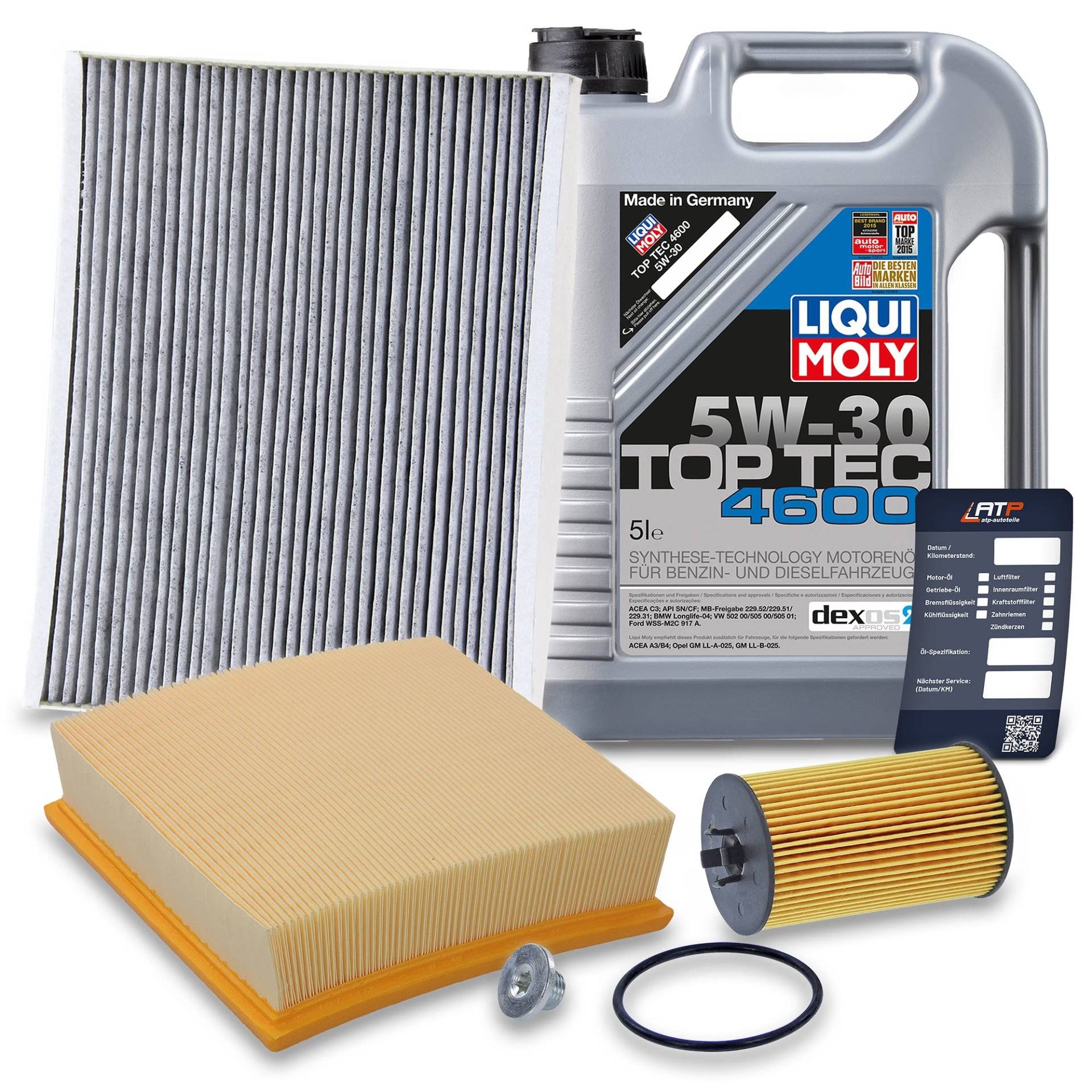 BESTPRICE Inspektionspaket Filterset mit 1x Ölfilter; 1x Luftfilter; 1x Innenraumfilter (Aktivkohle); 1x Ölablassschraube mit Dichtring; 1x Motoröl 5W-30 LIQUI MOLY Top Tec 4600 5 l; 1x Ölwechselanhän von PGONA