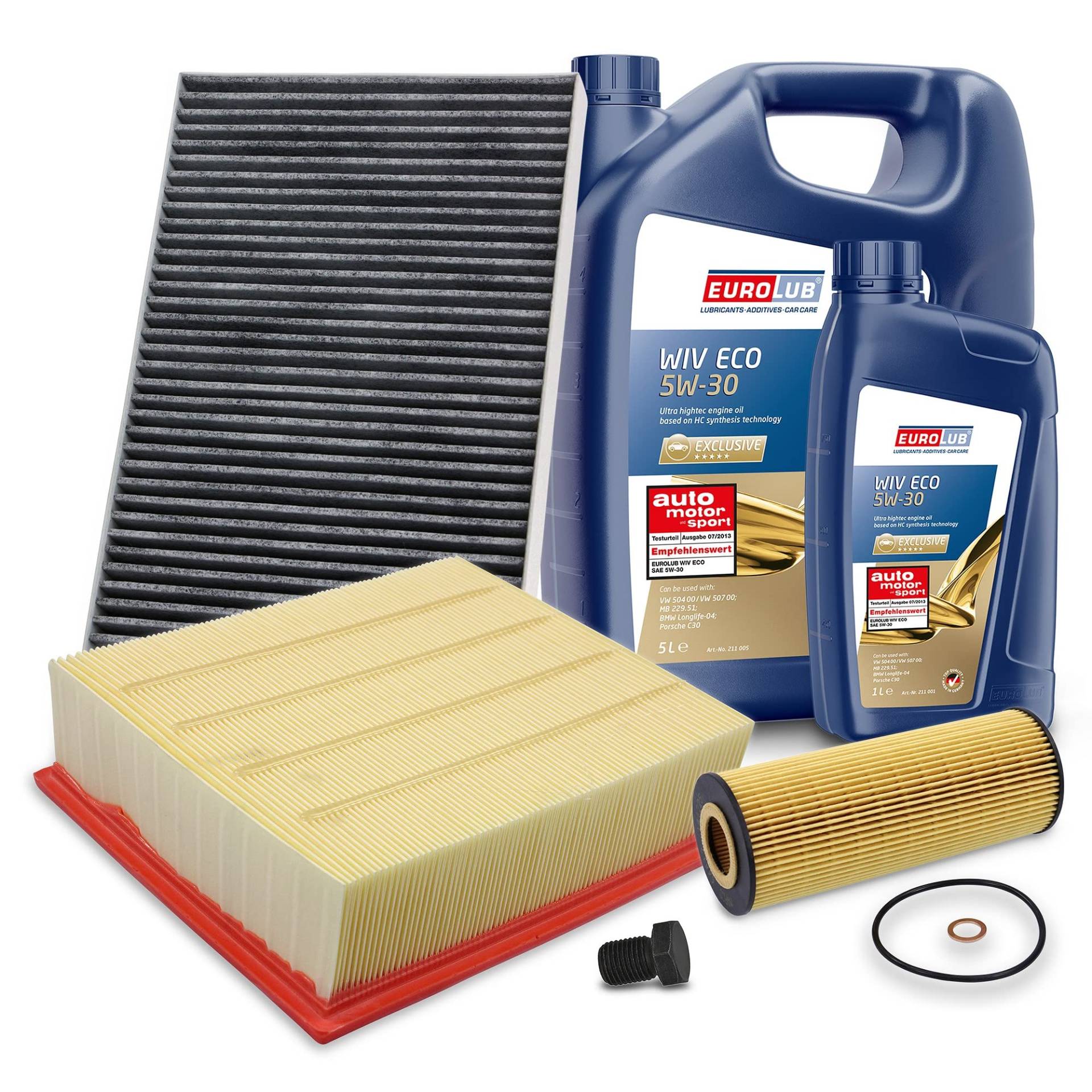 BESTPRICE Inspektionspaket Filterset mit 1x Ölfilter; 1x Luftfilter; 1x Innenraumfilter (Aktivkohle); 1x Ölablassschraube mit Dichtring; 1x Motoröl 5W-30 WIV ECO SAE 6 l von BESTPRICE