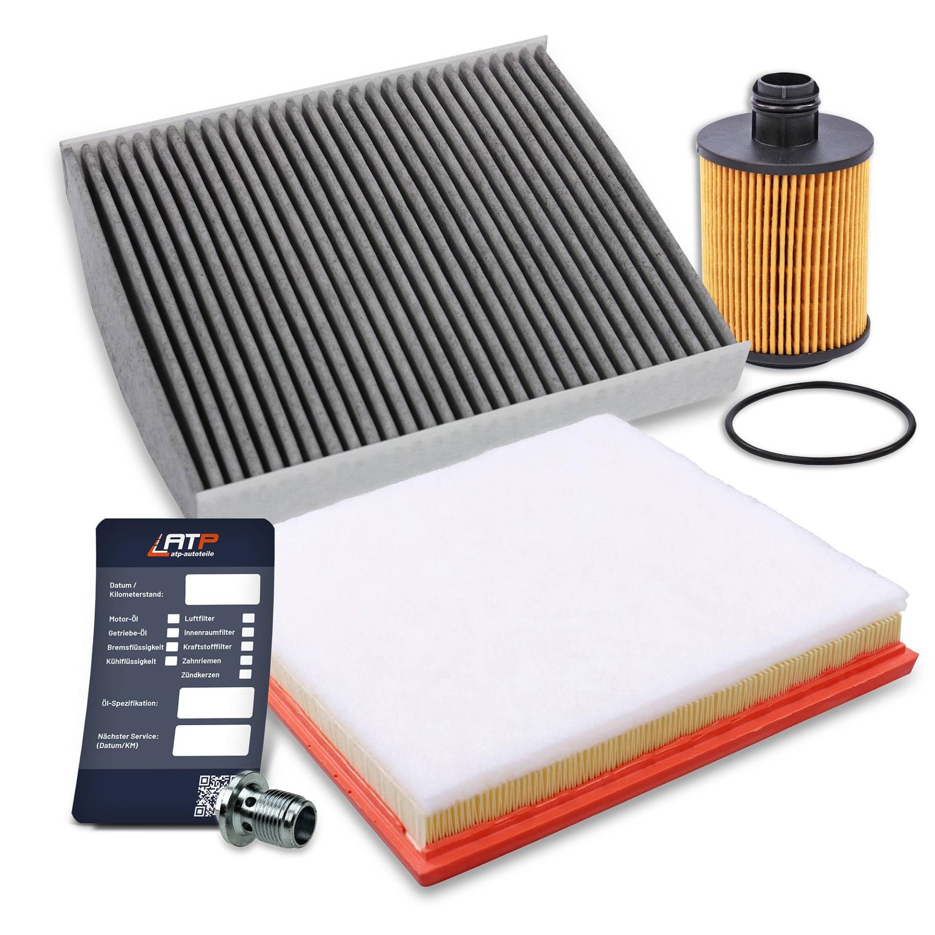 BESTPRICE Inspektionspaket Filterset mit 1x Ölfilter; 1x Luftfilter; 1x Innenraumfilter (Aktivkohle); 1x Ölablassschraube mit Dichtring; 1x Ölwechselanhänger von Buosha