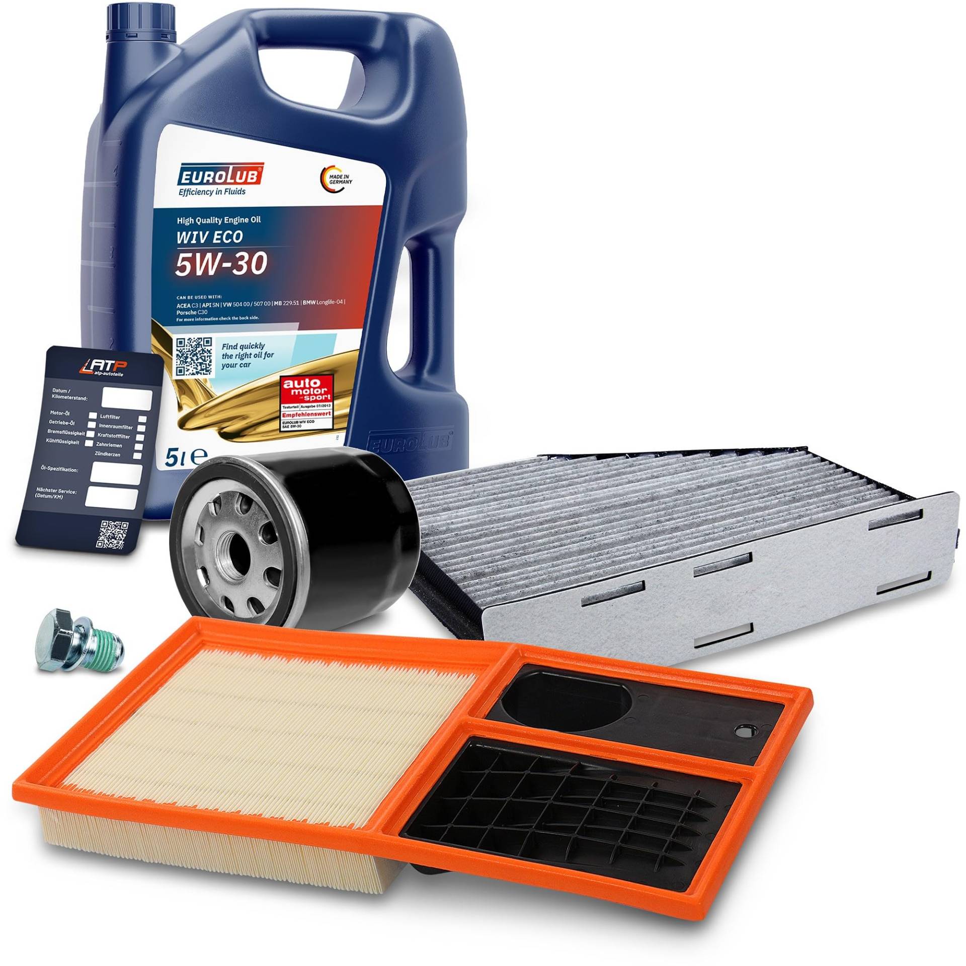 BESTPRICE Inspektionspaket Filterset mit 1x Ölfilter; 1x Motoröl 5W-30 WIV ECO SAE 5 l; 1x Luftfilter; 1x Innenraumfilter (Aktivkohle); 1x Ölablassschraube von BESTPRICE