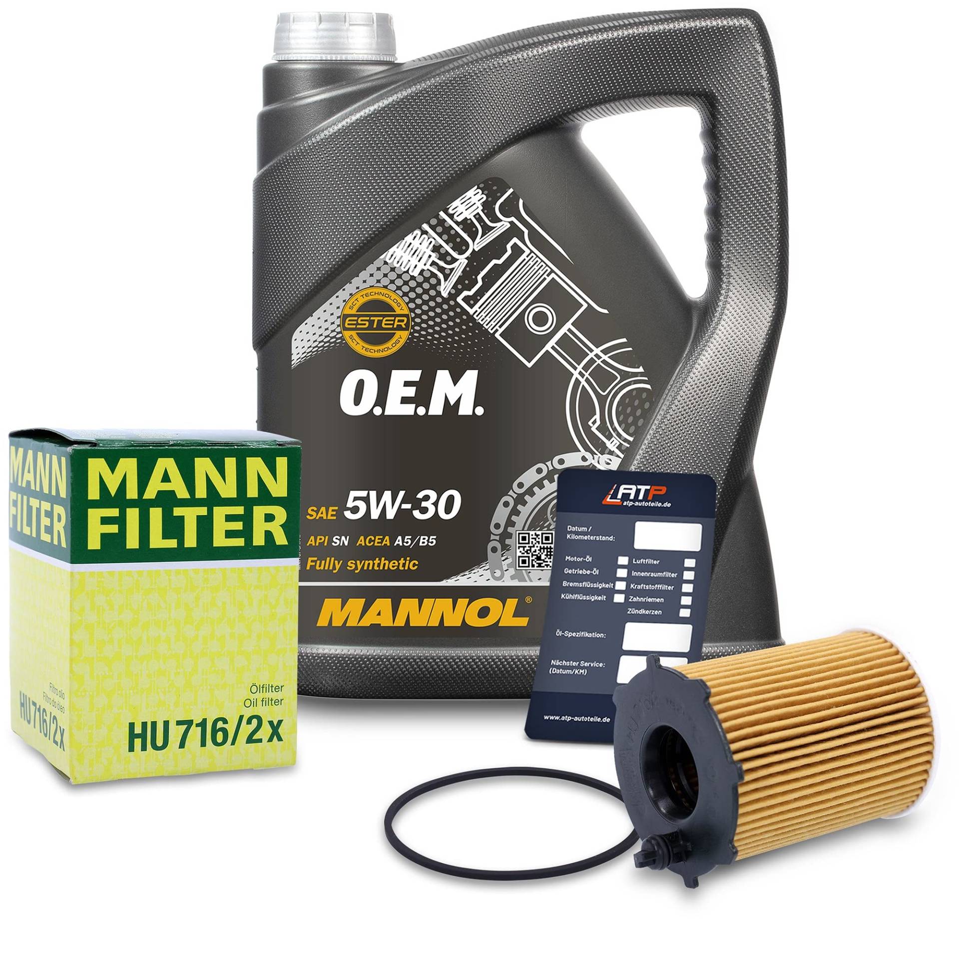 BESTPRICE Inspektionspaket Ölwechsel Filterset mit 1x MANN-FILTER Ölfilter, 1x MANNOL Motoröl 5W-30 5L, 1x Ölwechselanhänger von BESTPRICE