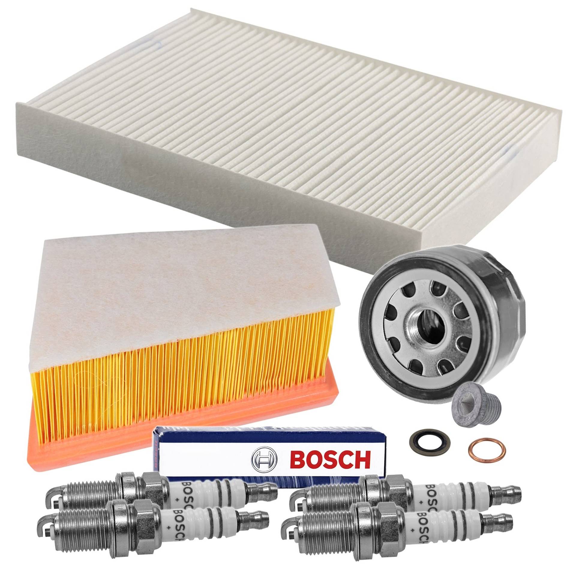 Inspektionspaket SET C 1x Ölfilter 1x Luftfilter 1x Innenraumfilter 4x Zündkerze BOSCH Super Plus FR7DC+ 1x Ölablass-Schraube 1x Dichtring für Ölablass-Schraube Inspektionspaket SET C 1x Ölfilter 1x Luftfilter 1x Innenraumfilter 4x Zündkerze BOSCH Super Plus FR7DC+ 1x Ölablass-Schraube 1x Dichtring für Ölablass-Schraube von BESTPRICE
