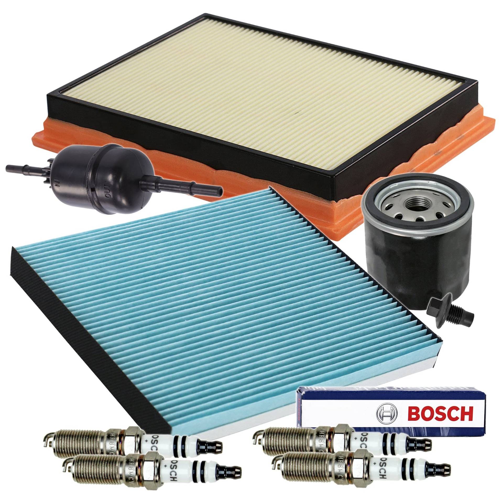 Inspektionspaket SET D 1x Ölfilter 1x Luftfilter 1x Innenraumfilter 1x Kraftstofffilter 4x Zündkerze Super plus HR8MCV+ 1x Ölablass-Schraube 1x Dichtring für Ölablass-Schraube Inspektionspaket SET D 1x Ölfilter 1x Luftfilter 1x Innenraumfilter 1x Kraftstofffilter 4x Zündkerze Super plus HR8MCV+ 1x Ölablass-Schraube 1x Dichtring für Ölablass-Schraube von BESTPRICE