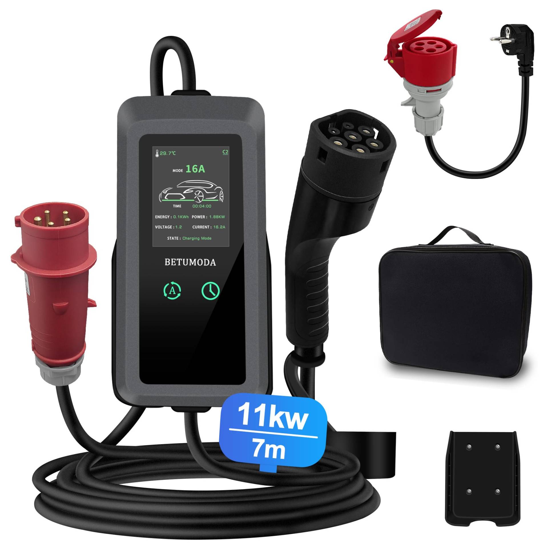 BETUMODA Mobile Wallbox 11kW[3-phasig 7M Einstellbare Ladeleistung] CEE 16A auf Typ 2 und EV Ladegerät mit Einstellbarer Ladeleistung für Elektroauto von BETUMODA