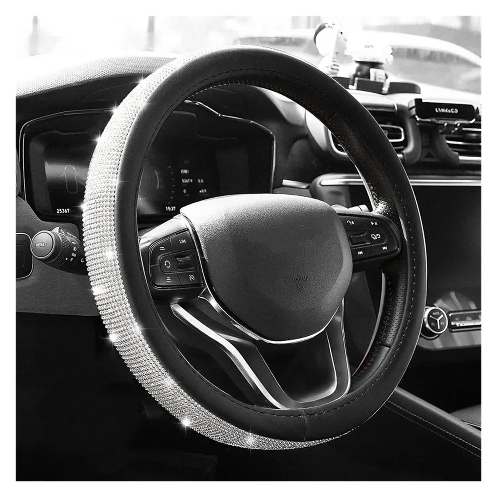 Auto Lenkradabdeckung Bling Bling Diamant Strass Kristall Auto Lenkrad Abdeckung PU Leder Auto Zubehör Fall Lenkradbezug Fürs Auto(White) von BHGMGEBLV