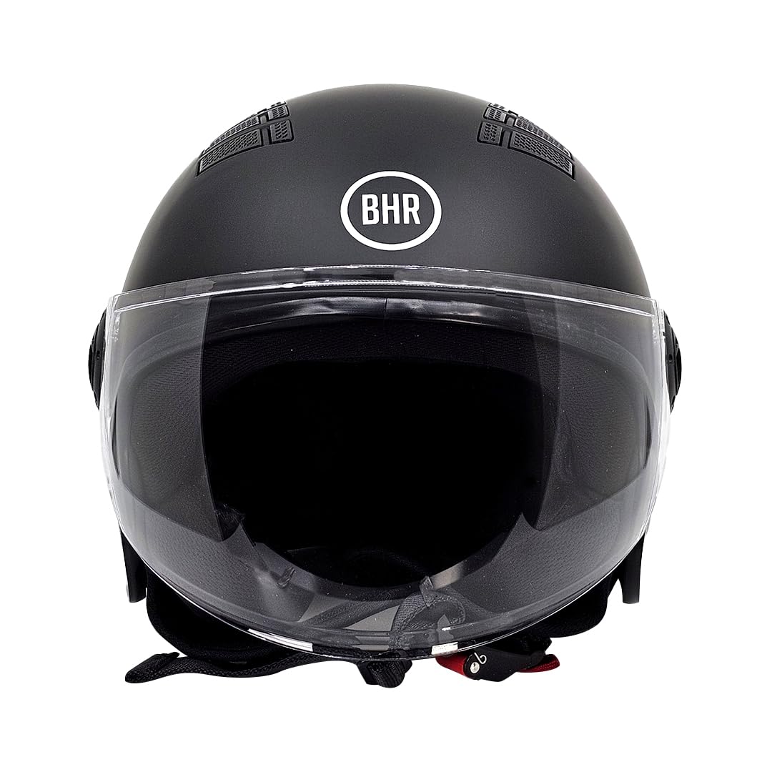 BHR Helm Demi-Jet 834 FLOW - Sommer-Rollerhelm Homologiert ECE 22.06 mit 16 Belüftungslöchern - Vespa-Helm mit Kratzfestem Visier und Mikrometrischer Auslösung - Mattschwarz XS von BHR