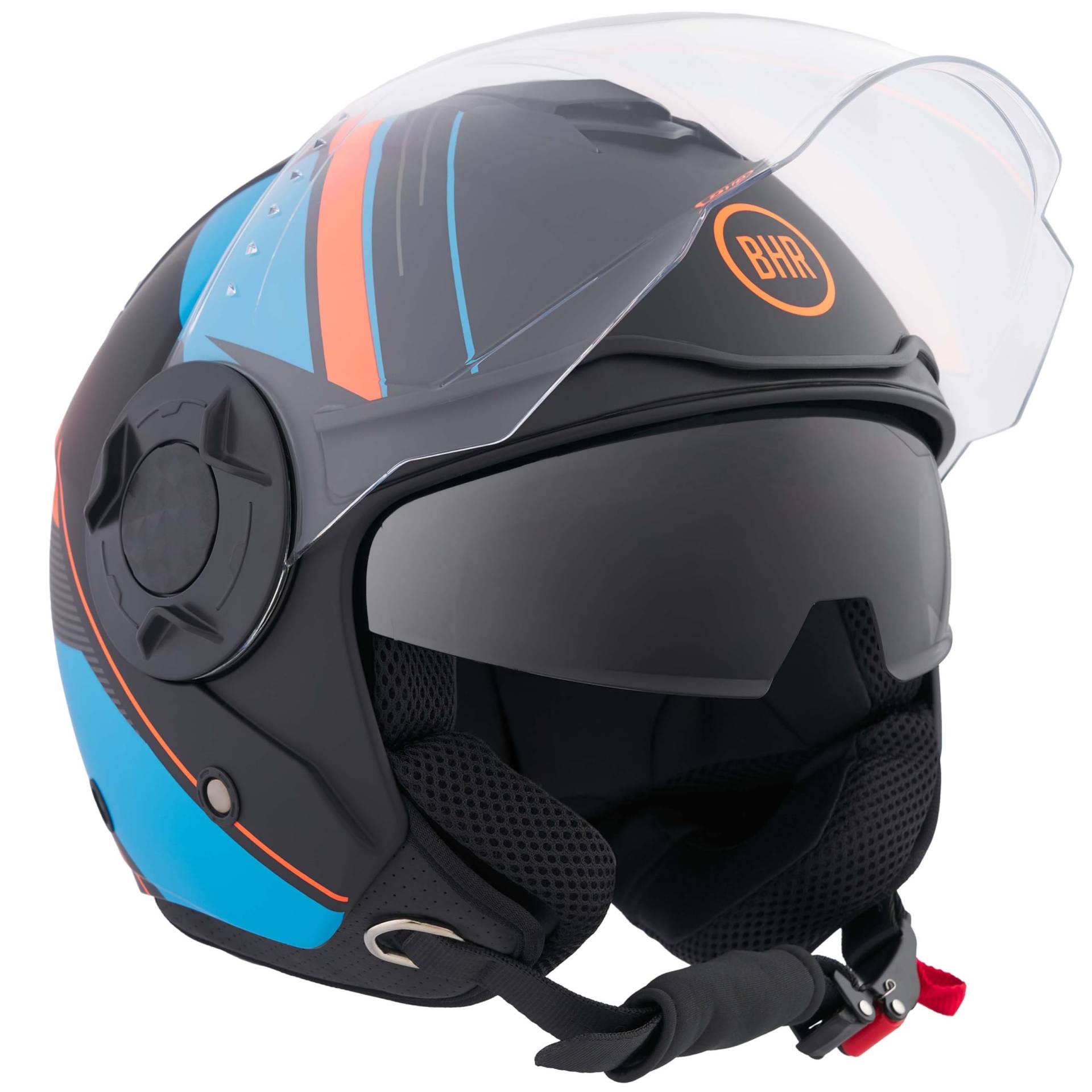 BHR Jet Helm Double Visor 830 Flash, Scooter Helm mit ECE 22.06 Zulassung, Leichter & komfortabler Jet Helm mit innenliegender Sonnenblende, Cool Black (Matt), L von BHR