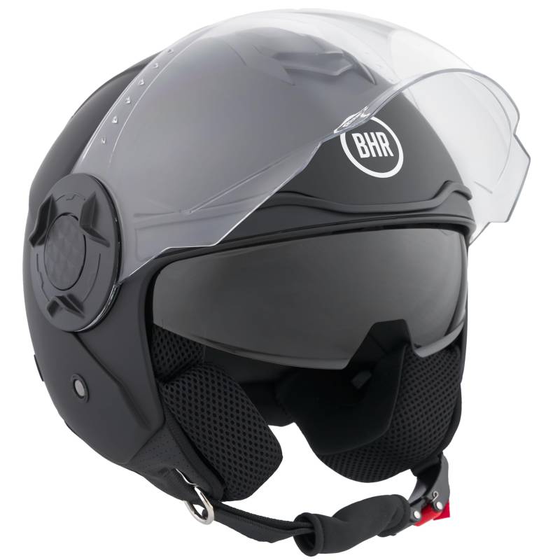 BHR Jet Helm Double Visor 830 Flash, Scooter Helm mit ECE 22.06 Zulassung, Leichter & komfortabler Jet Helm mit innenliegender Sonnenblende, Mattschwarz, M von BHR
