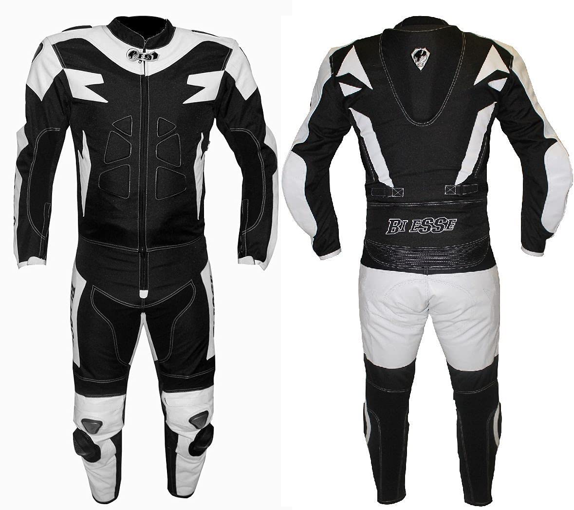 BI ESSE Motorradanzug für Erwachsene, Leder, Textil, 2-teilig, Jacke und Hose, verstellbar, mit CE-Protektoren (Schwarz/Weiß, 3XL) von BI ESSE
