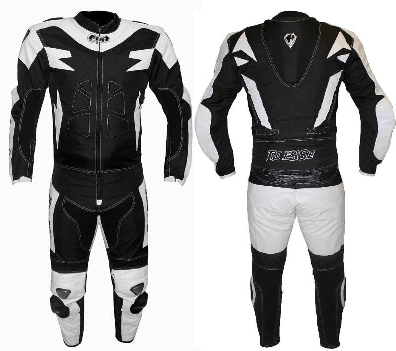 BI ESSE Motorradanzug für Erwachsene, Leder, Textil, 2-teilig, Jacke und Hose, verstellbar, mit CE-Protektoren (Schwarz/Weiß, 3XL) von BI ESSE