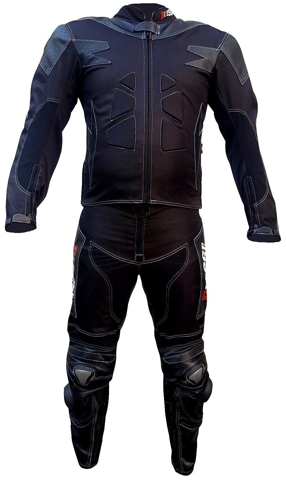 BI ESSE Motorradanzug für Erwachsene, aus Leder und Textil, 2-teilig, Jacke und Hose, verstellbar, mit CE-Protektoren (schwarz, XL) von BI ESSE