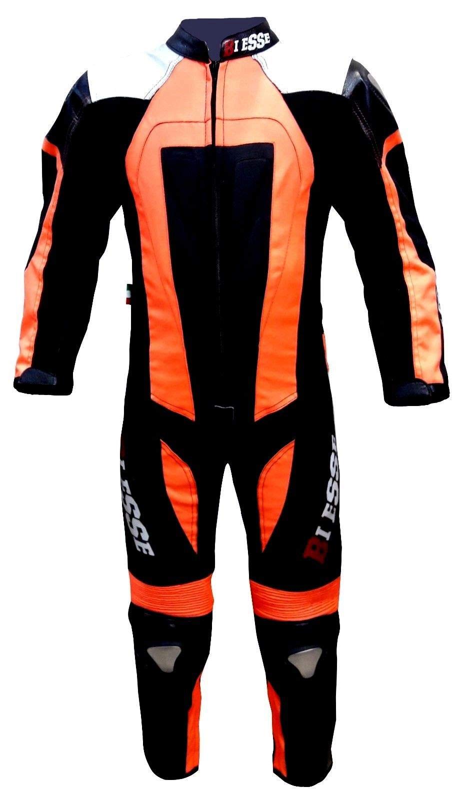 BI ESSE - Professioneller Mini-Motorradanzug für Kinder aus Leder und Cordura, komplett mit Protektoren (Schwarz/Orange, 3XS (4 Jahre)) von BI ESSE