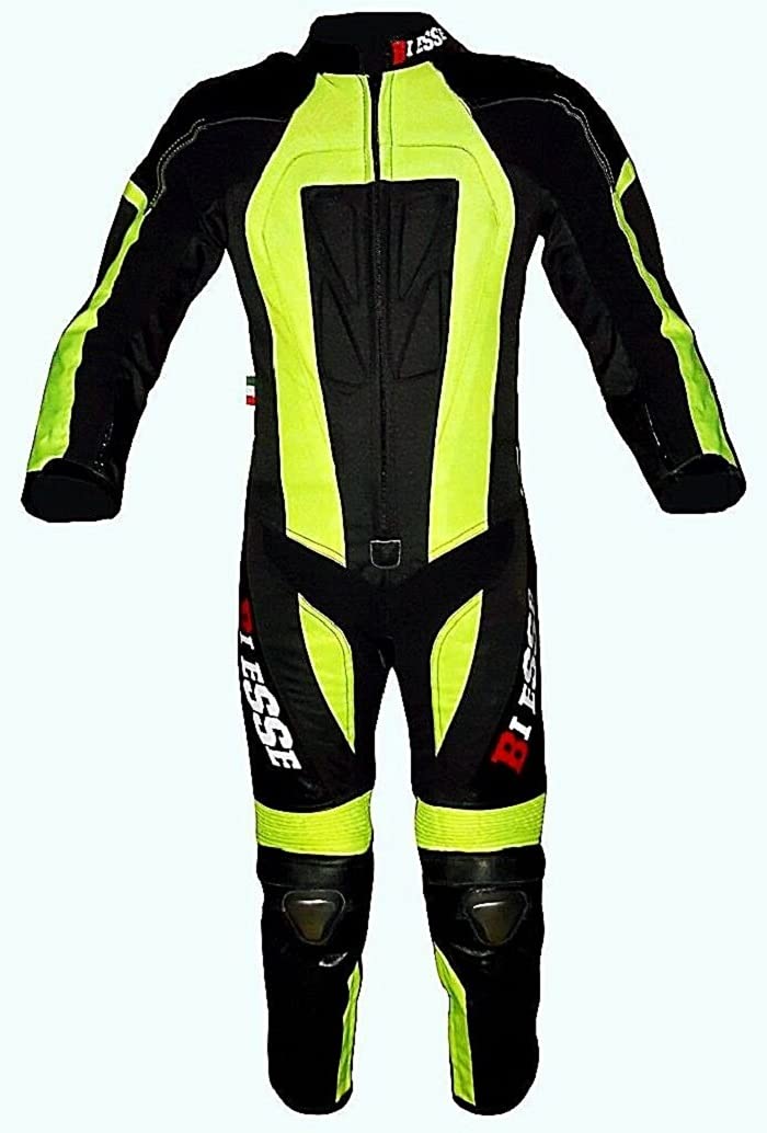 BI ESSE - Professioneller Mini-Motorradanzug für Kinder aus Leder und Cordura, komplett mit Protektoren (Schwarz/Neongelb, L (9 Jahre)) von BI ESSE