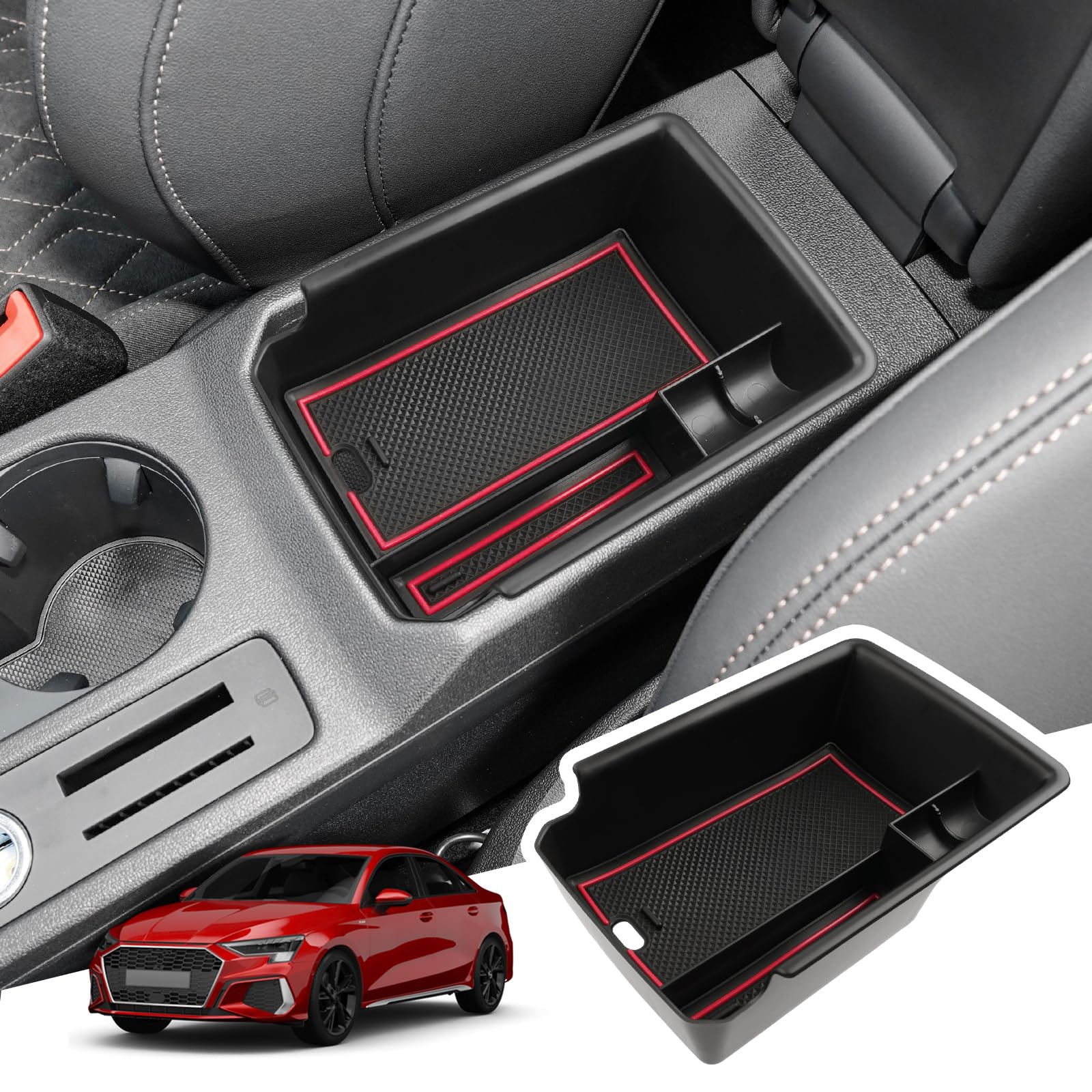 BIBIBO Aufbewahrungsbox für Audi A3 8Y 2021-2023, Mittelkonsole Organizer mit Rutschfestermatte, Armlehnen Aufbewahrungsbox, Handschuhfach, Audi A3 8Y Zubehör von BIBIBO