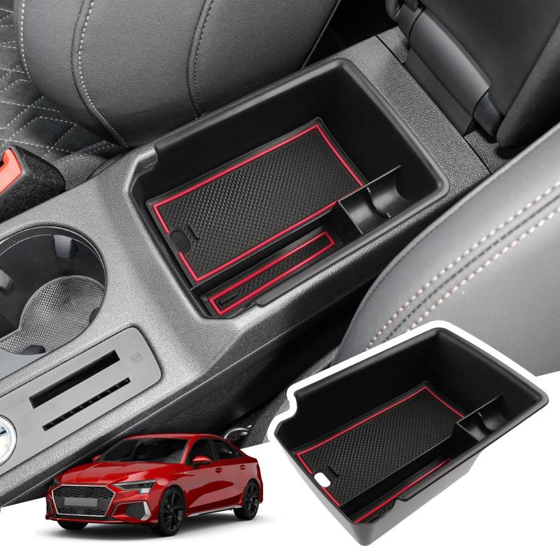BIBIBO Aufbewahrungsbox für Audi A3 8Y 2021-2023, Mittelkonsole Organizer mit Rutschfestermatte, Armlehnen Aufbewahrungsbox, Handschuhfach, Audi A3 8Y Zubehör von BIBIBO