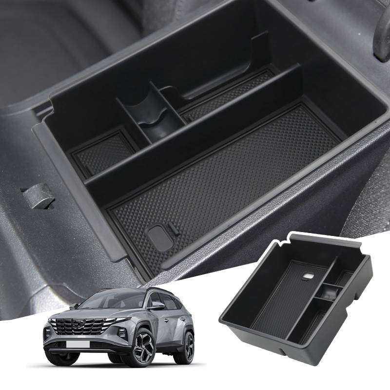 BIBIBO Mittelkonsole Aufbewahrungsbox – Kompatibel mit Hyundai Tucson NX4 2021-2024 (Automatikgetriebe), Organizer mit Rutschfester Matte (Schwarz) von BIBIBO