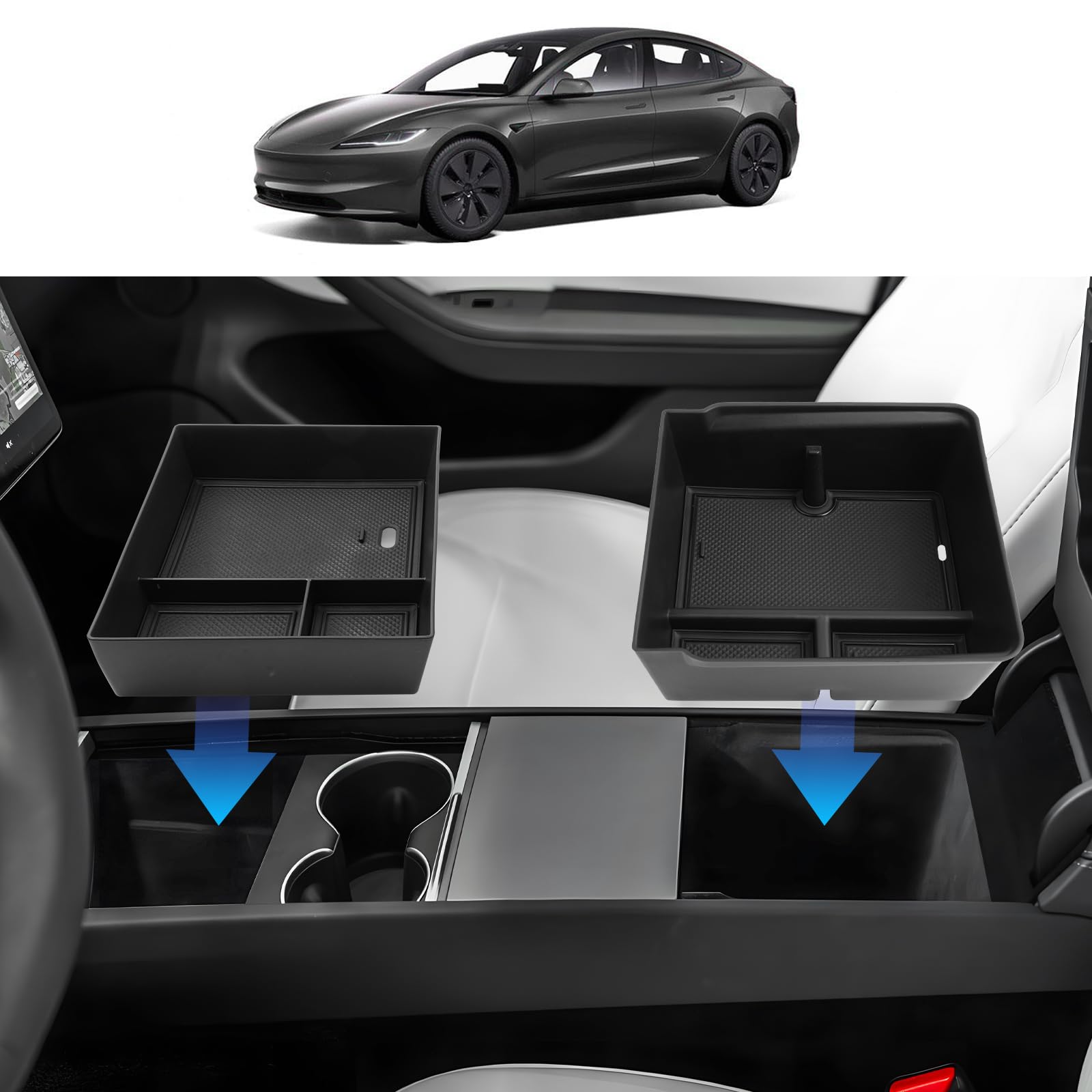 BIBIBO Aufbewahrungsbox für Tesla Model 3 Highland 2024, Mittelkonsole Organizer mit Rutschfestermatte, Armlehnen Aufbewahrungsbox, Ablage, Tesla Model 3 Zubehör 2024 (Mittelkonsolen + Armlehnen) von BIBIBO