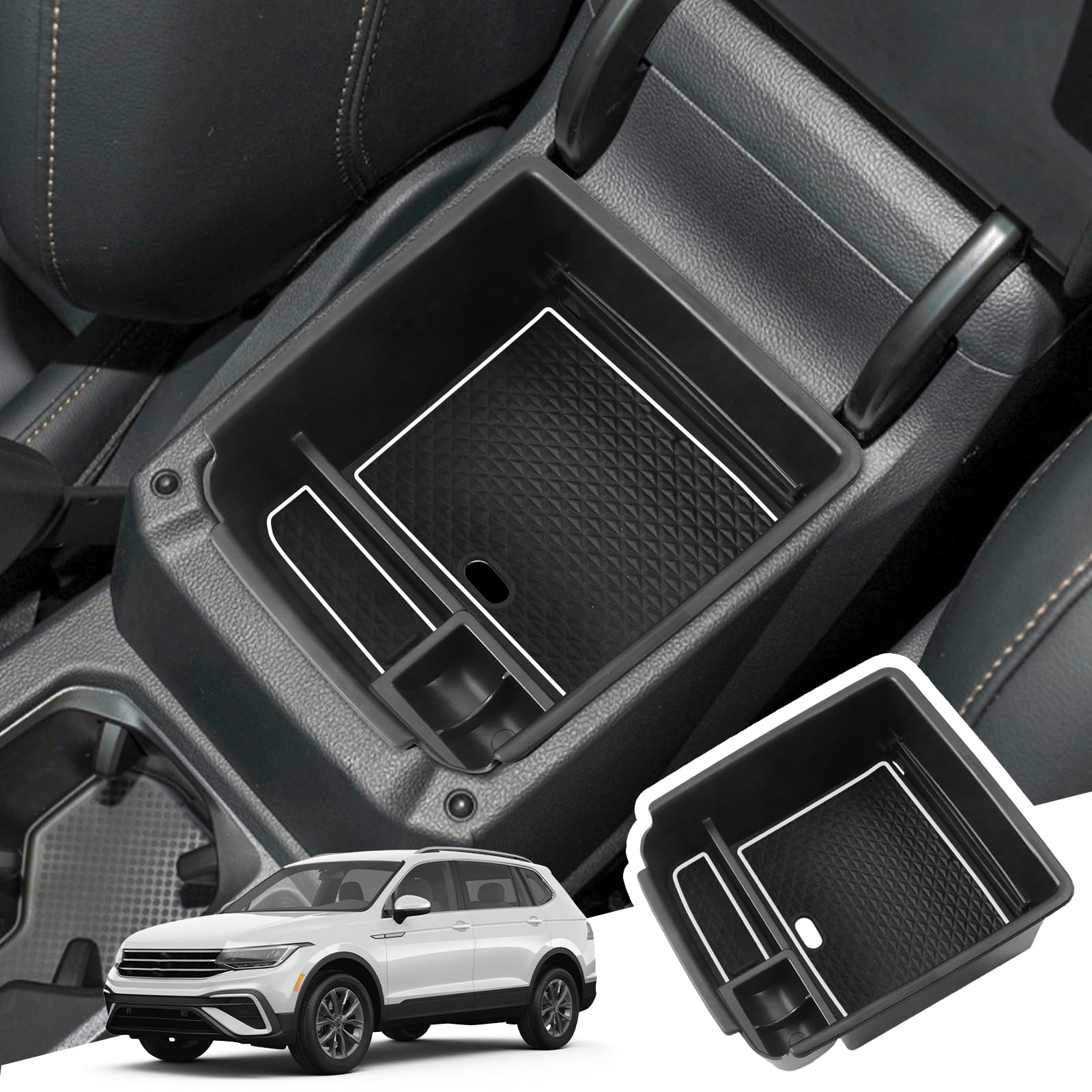 BIBIBO Aufbewahrungsbox für VW Tiguan 2 MK2 2017-2023, Mittelkonsole Organizer mit Rutschfestermatte, Armlehnen Aufbewahrungsbox, Handschuhfach, VW Tiguan 2 Zubehör von BIBIBO