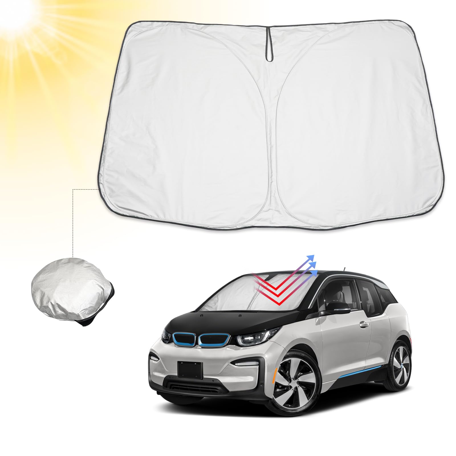 BIBIBO BMW i3 Frontscheibenabdeckung, Auto Abdeckung kompatibel mit BMW i3 2014-2022, Auto Sonnenschutz für Frontscheibe Faltbar, Sonnenblende gegen UV-Strahlen von BIBIBO