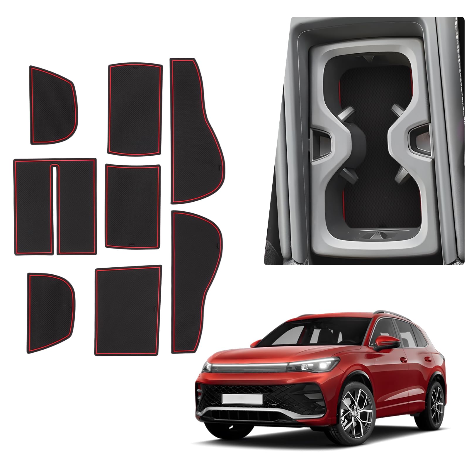 BIBIBO Gummimatten Antirutschmatten kompatibel mit VW T*iguan 3 2024 2025 (Elektronische Automatikgetriebe), Gummi-Automatten, Anti-Rutsch-Matte, Aufbewahrungsbox rutschfeste Matten (rot) von BIBIBO