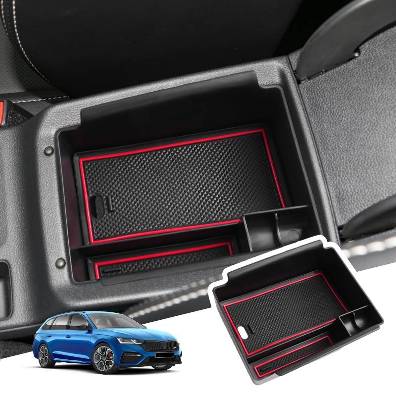 BIBIBO Mittelkonsole Organizer Kompatibel mit Skoda Octavia 4 MK4 RS 2020-2025, Armlehnen Aufbewahrungsbox, Konsole Organizer für die Armlehne, Auto Armlehnenablage Zubehör mit Rutschfestermatte von BIBIBO