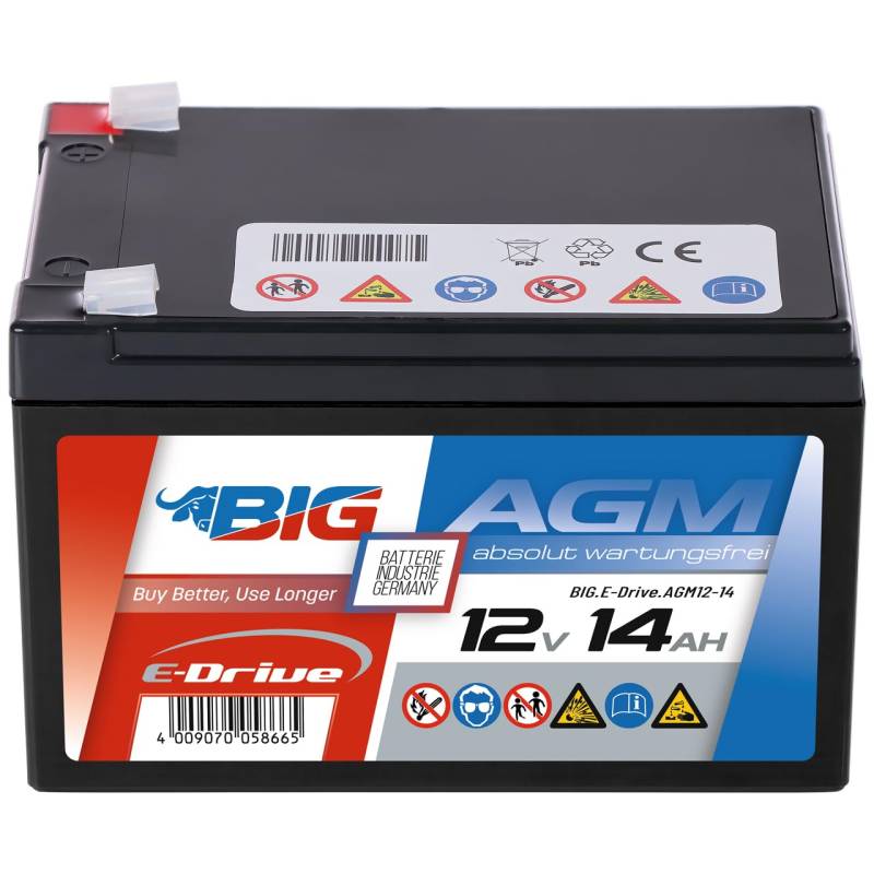 BIG E-Drive AGM Traktionsbatterie: Ideal für Rehatechnik, E-Scooter, Außenborder, Hebebühnen, Fördertechnik, Aufzüge, Robotik, FTS, Industrie, DC-Stromversorgung (12V - 14Ah) von BIG