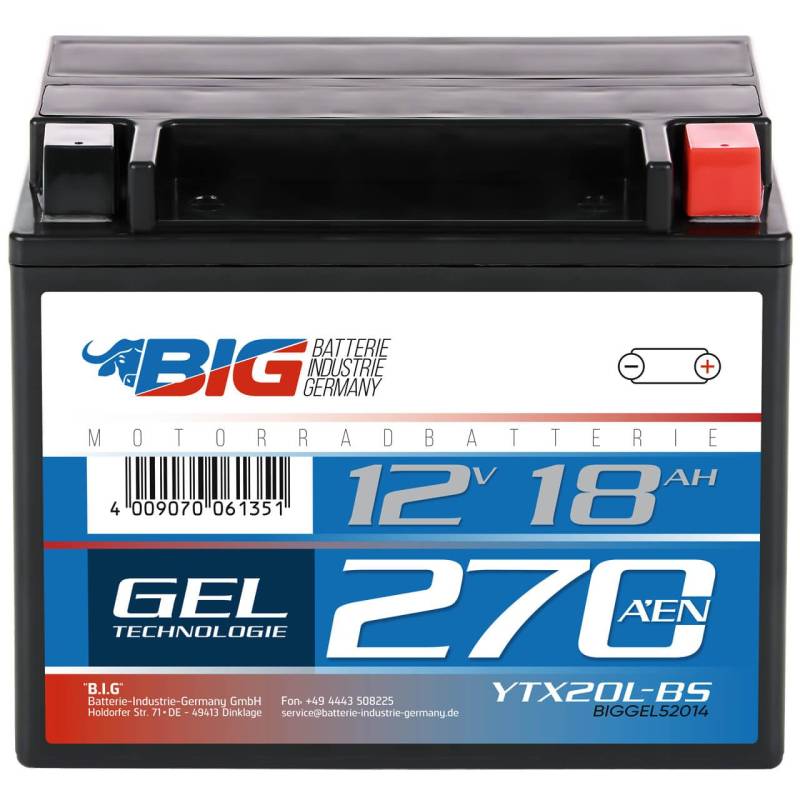 BIG Motorradbatterie YTX20L-BS GEL 12V 18Ah 270A/EN GTX20L-BS CTX20L-BS Outlander von BIG