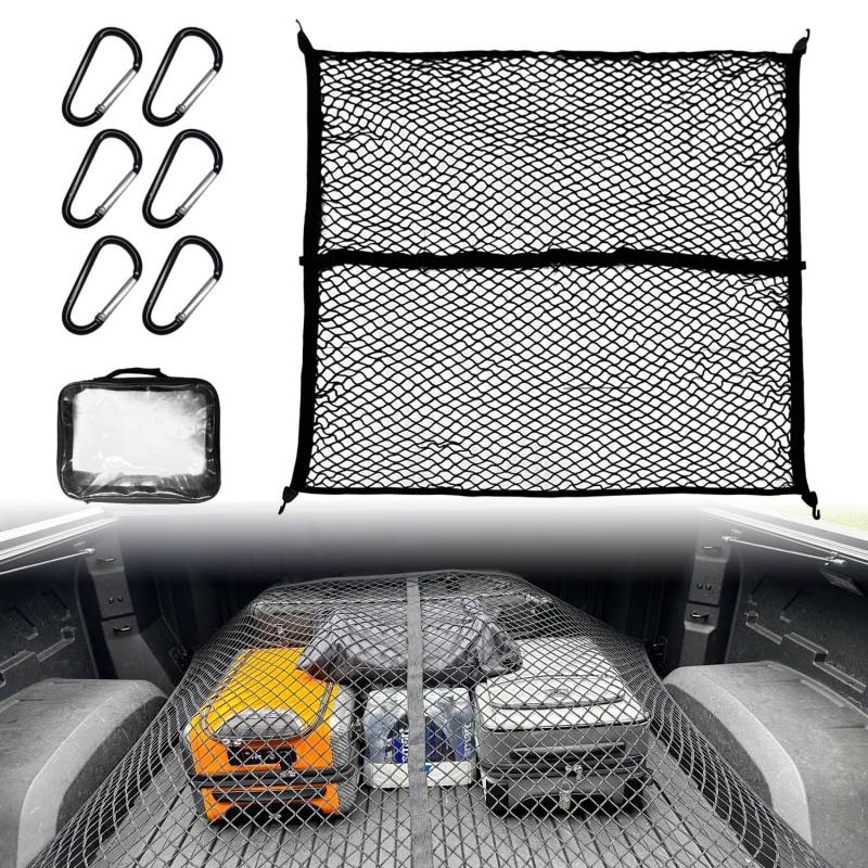 Gepäcknetz 120x120cm Hochelastisches Kofferraumnetz Erstreckt Sich auf 220 x220cm Auto Netz mit 4 Robuste Haken für Pickup-Truck, LKWs, Lastwagen, Einlagig von BIHEE