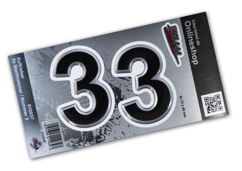 BIKE-label Aufkleber Zahlen Nummer 3 für Motorrad Auto Fenster silbern 3D Sticker 2er Set je ca. 49 x 73 mm 910037 von BIKE-label