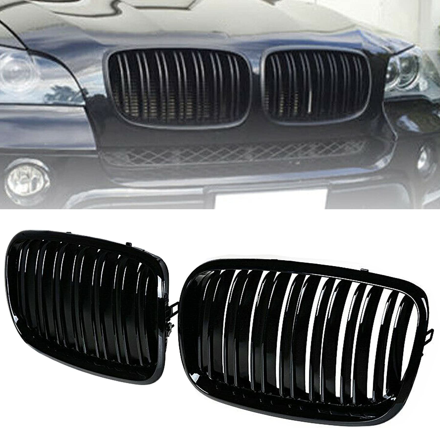 BILLDIO Frontstoßstange Nieren Kühlergrill Glänzend Schwarz Kompatibel mit 2007–2014 BMW X5 E70 X6 E71 Dual Slat Double Line BILLDIO Frontstoßstange Nieren Kühlergrill Glänzend Schwarz Kompatibel mit 2007–2014 BMW X5 E70 X6 E71 Dual Slat Double Line von BILLDIO