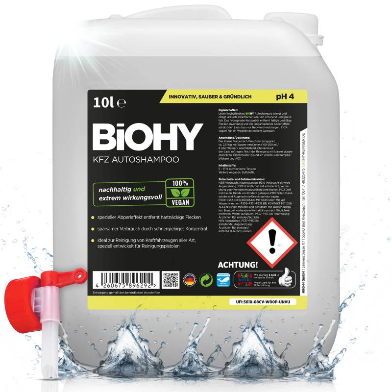 BIOHY KFZ Autoshampoo (10 Liter Kanister) + Auslaufhahn | Bio Autoreiniger schützt Lack vor Schmutz von Außen | biologisch abbaubares Reinigungsmittel | für Hochdruckreiniger geeignet von BIOHY