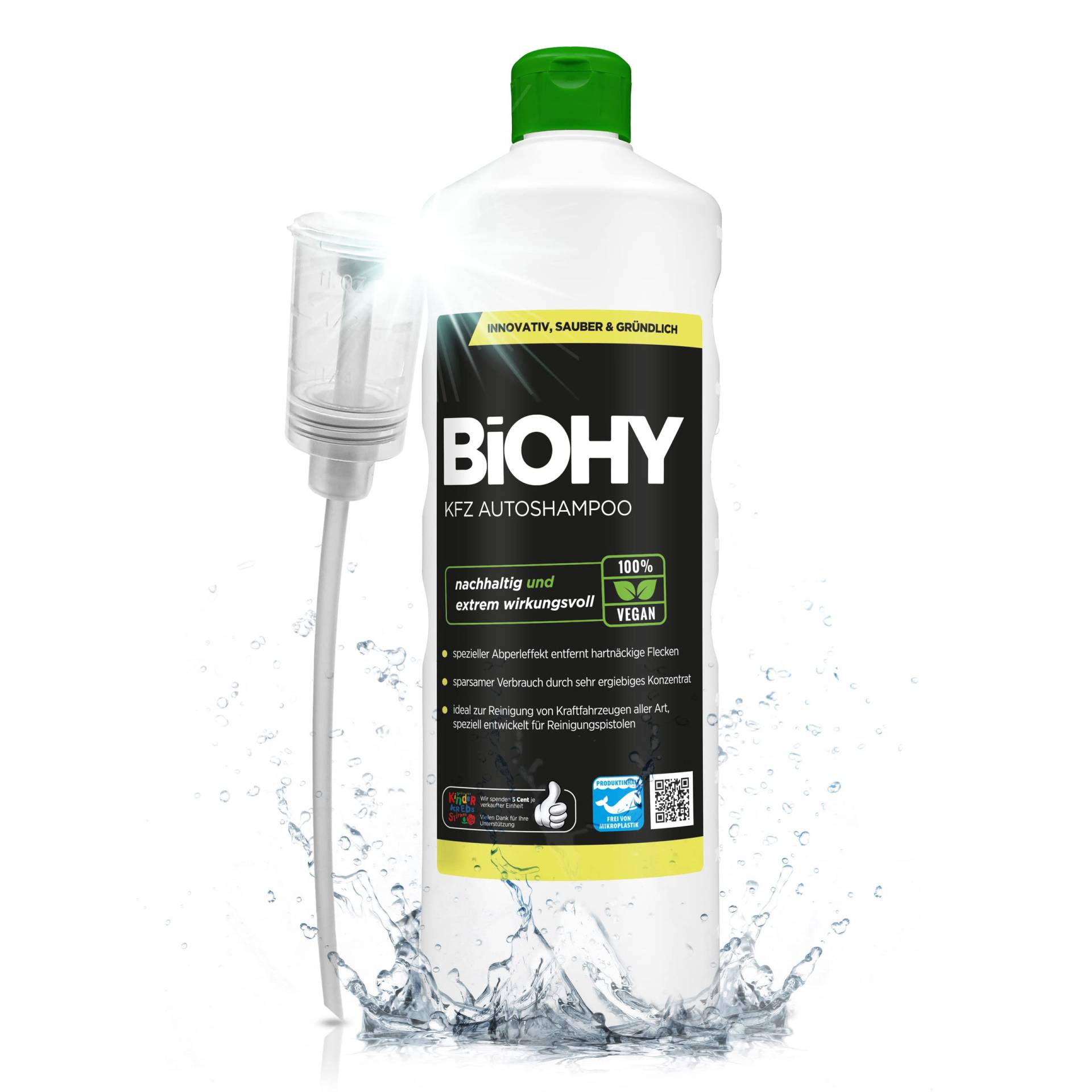 BIOHY KFZ Autoshampoo (1l Flasche) + Dosierer | Bio Autoreiniger schützt Lack vor Schmutz von Außen | biologisch abbaubares Reinigungsmittel | für Hochdruckreiniger geeignet | kraftvolles Konzentrat von BIOHY
