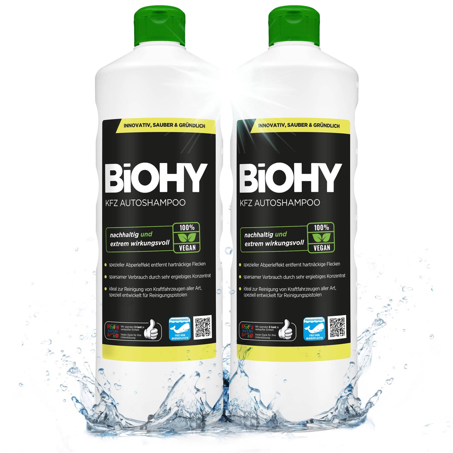 BIOHY KFZ Autoshampoo (2 x 1 Liter) | Bio Autoreiniger schützt Lack vor Schmutz von Außen | biologisch abbaubares Reinigungsmittel | für Hochdruckreiniger geeignet | kraftvolles Konzentrat von BIOHY