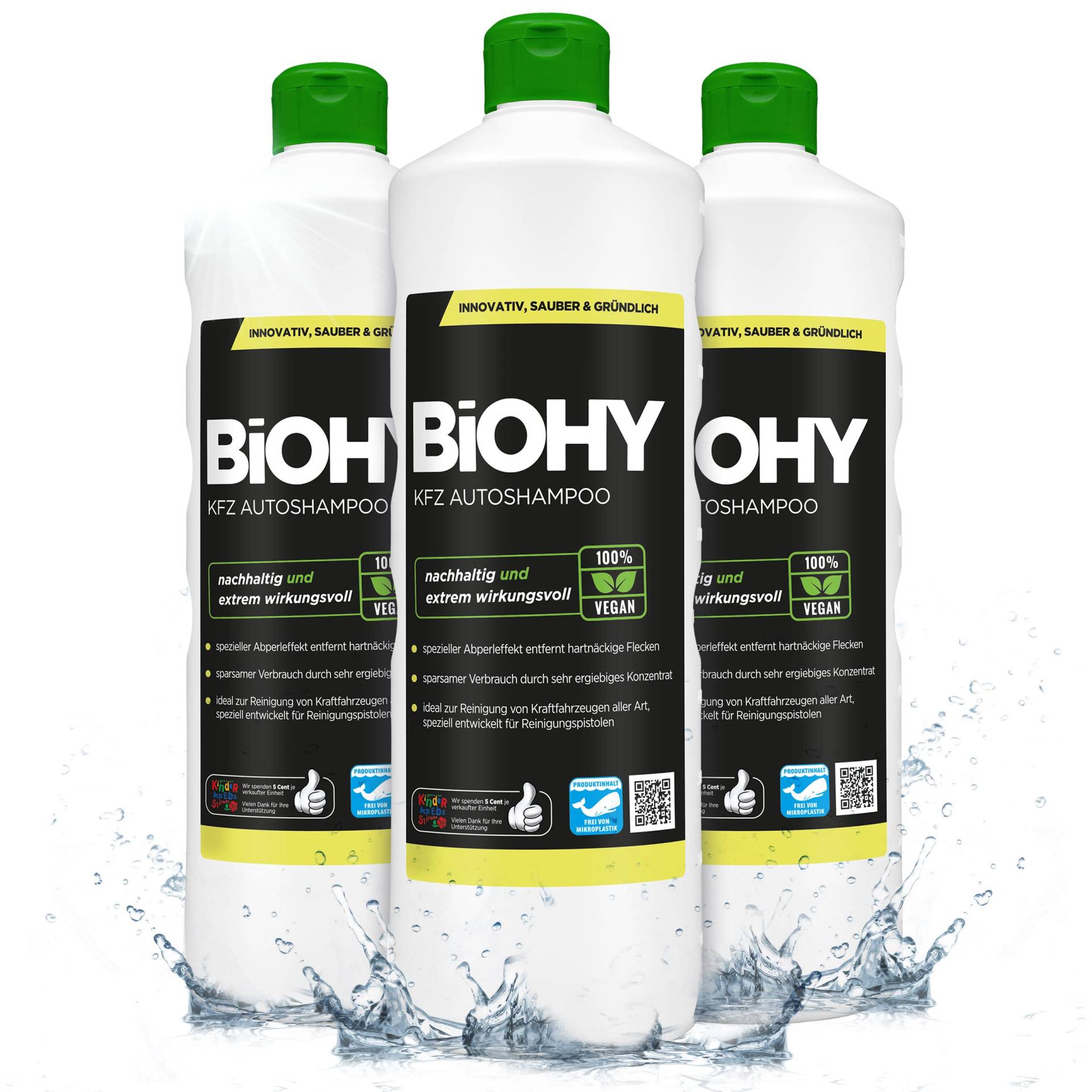 BIOHY KFZ Autoshampoo (3 x 1 Liter) | Bio Autoreiniger schützt Lack vor Schmutz von Außen | biologisch abbaubares Reinigungsmittel | für Hochdruckreiniger geeignet | kraftvolles Konzentrat von BIOHY