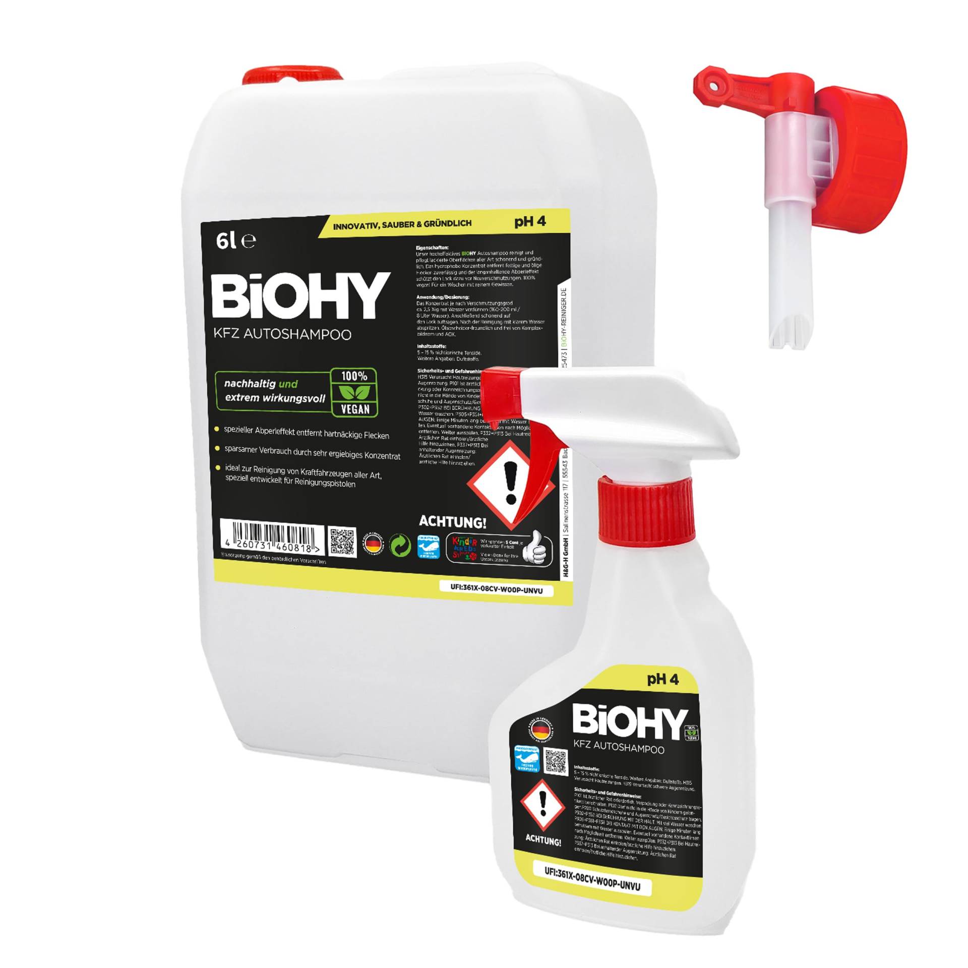 BiOHY KFZ Autoshampoo (6 Liter Kanister) + Sprühflasche & Auslaufhahn | Bio Autoreiniger schützt Lack vor Schmutz von Außen | biologisch abbaubares Reinigungsmittel | für Hochdruckreiniger geeignet von BIOHY
