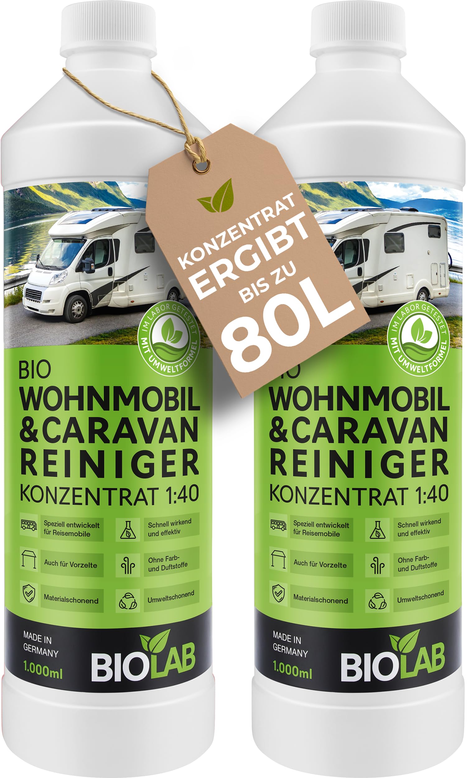 BIOLAB Bio Wohnmobil und Caravan Reiniger Konzentrat (2 x 1000 ml) zur Reinigung von Wohnwagen, Vorzelt, Markise - Regenstreifen Entferner von BIOLAB