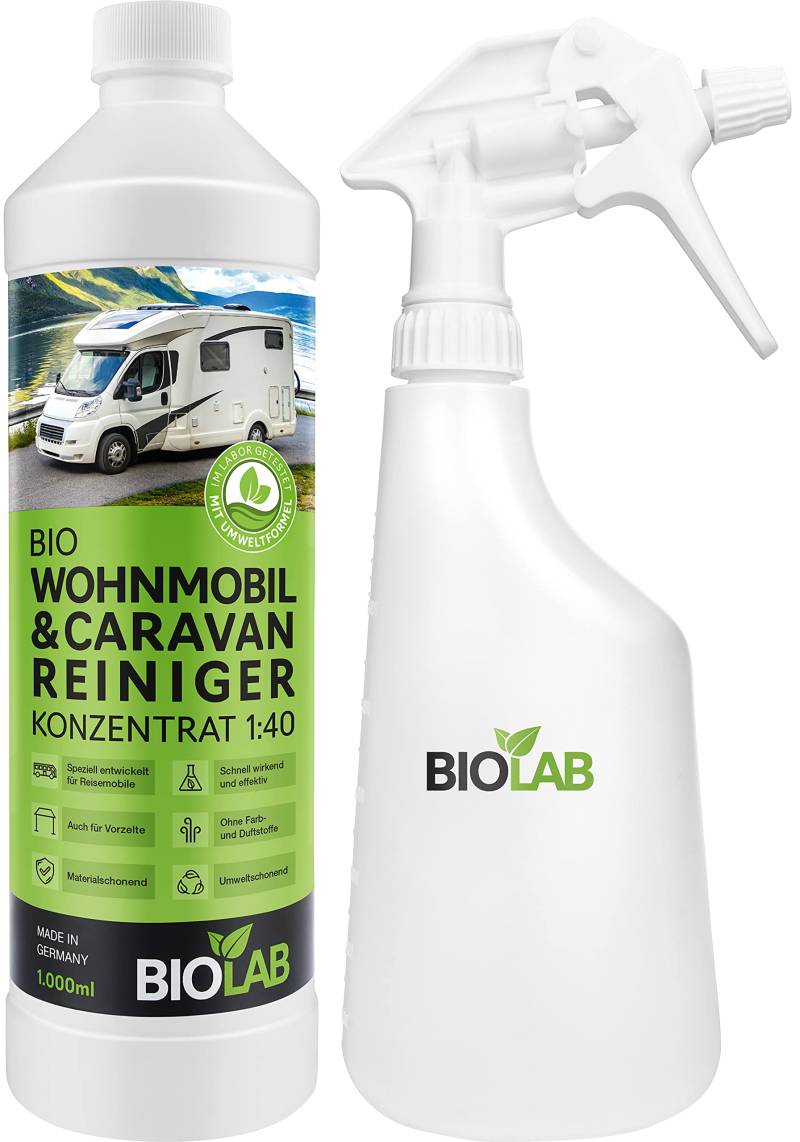 BIOLAB Bio Wohnmobil und Caravan Reiniger Set, Konzentrat 1:40 (1000 ml Plus Sprayflasche zum Mischen) zur Aussen Reinigung von Wohnwagen, Vorzelt, etc. - Regenstreifen Entferner von BIOLAB