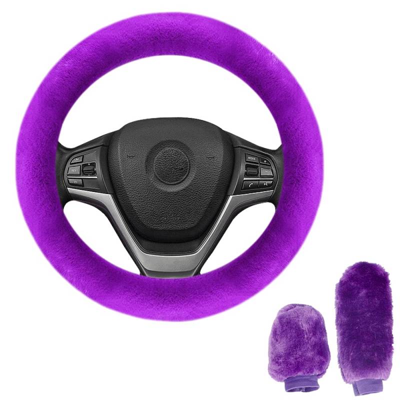 3 Stück Auto Lenkradhülle, Universal Lenkradabdeckung Handbremse Getriebe Abdeckung Plüsch Winter Anti Rutsch Warme Lenkrad Abdeckung Lenkradschoner Lenkradbezug Auto Zubehör, 36-39cm (Violett) von BIQIQI