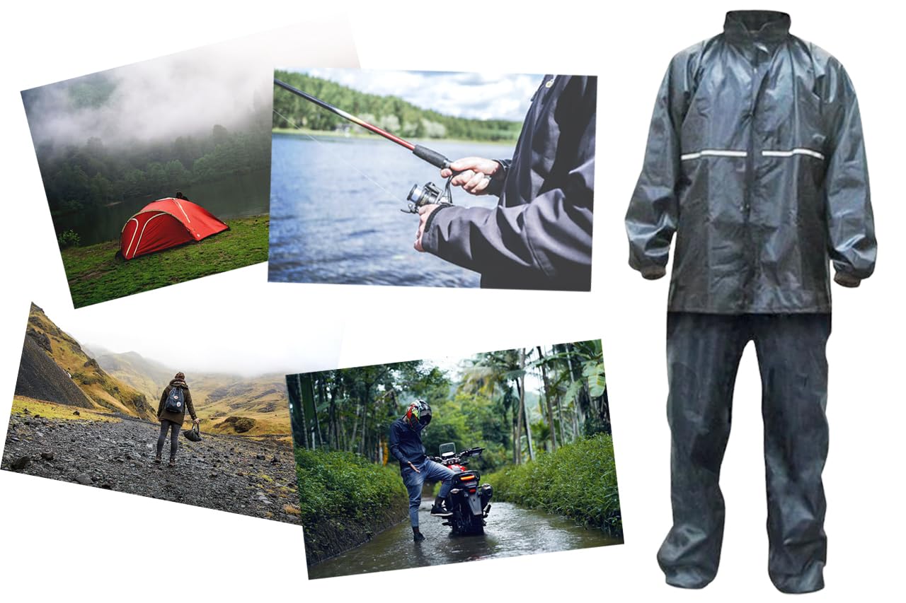 2-teiliger Regenanzug, Regenbekleidung Hose mit Gummibund, Jacke mit Reißverschluss und Kapuze, Schwarz mit Reflektor-Streifen, Größe S - XL - für Motorrad, Camping, Angeln, Outdoor, Größe:M von BISOMO