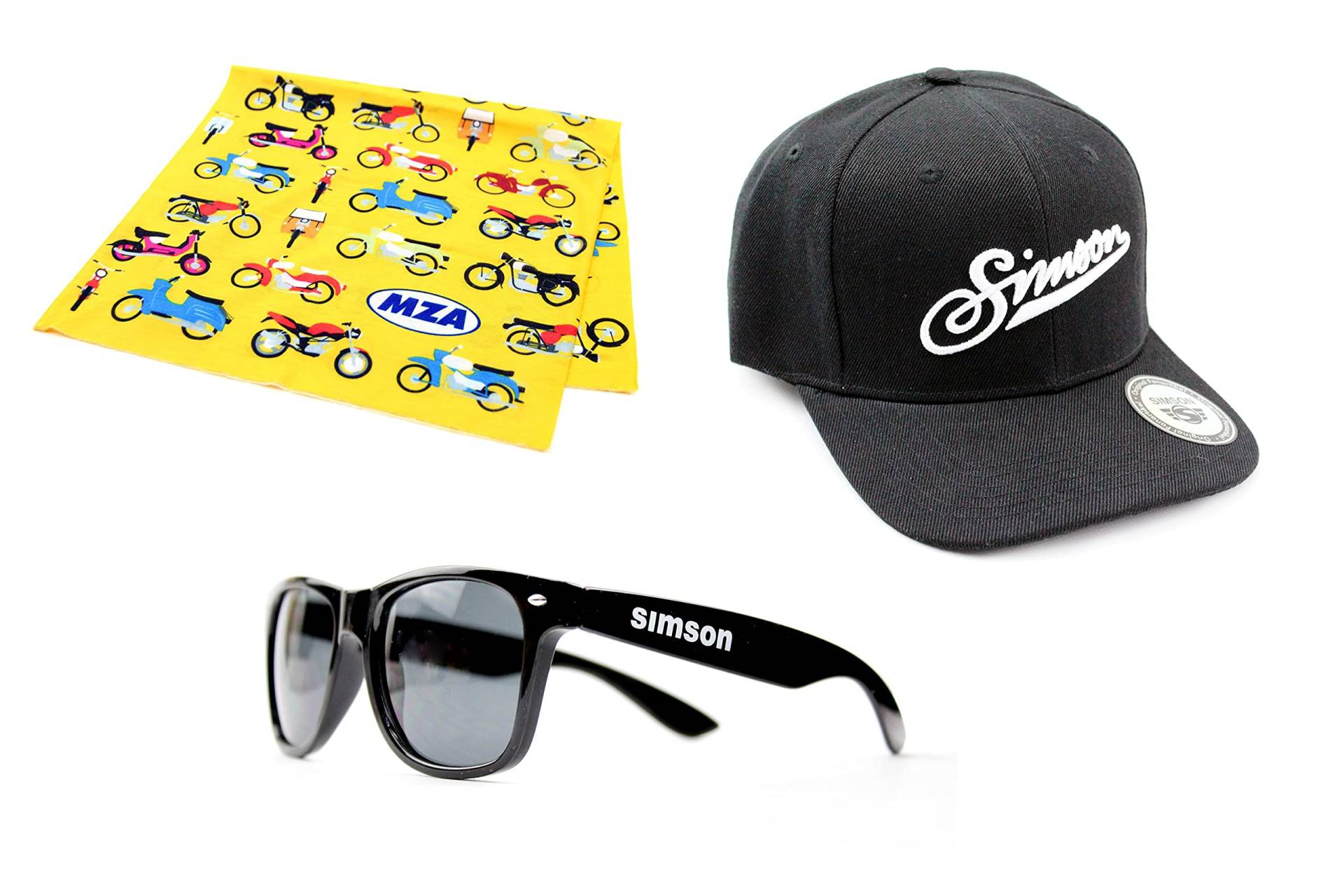 3-teiliges Simson Fan Set mit Basecap, Sonnenbrille und Halstuch in gelb von BISOMO