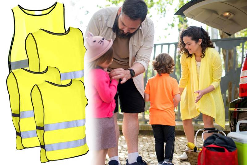 BISOMO 4X Warnweste Sicherheitsweste Gelb 2 große Reflex-Streifen, Weite verstellbar für Auto, Fahrrad, Schulweg, Familien-Pack 2X Größe S/M, 1x M/L, 1x XL-XXL von BISOMO