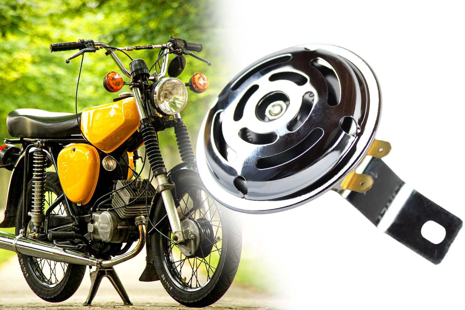 Hupe, Signalhorn 12V Simson S50, S51, S51 E, S70, Enduro, Ø 70mm, verchromt, mit Halterung zur Befestigung Gehäusemittelteil, Gleichstrom 2-polig Hupe, Signalhorn 12V Simson S50, S51, S51 E, S70, Enduro, Ø 70mm, verchromt, mit Halterung zur Befestigung Gehäusemittelteil, Gleichstrom 2-polig von BISOMO