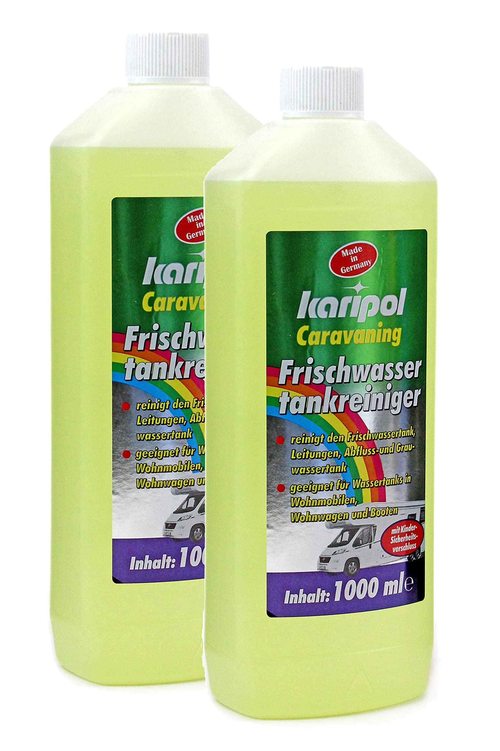 Karipol Abwassertank Reiniger Sanitärflüssigkeit 1L, gegen Gerüche lange Frische für Grauwasser Wohnmobil Boot Camping Chemietoilette Frischwassertankreiniger, löst Kalk Biologisch Abbaubar, Menge:2 von BISOMO